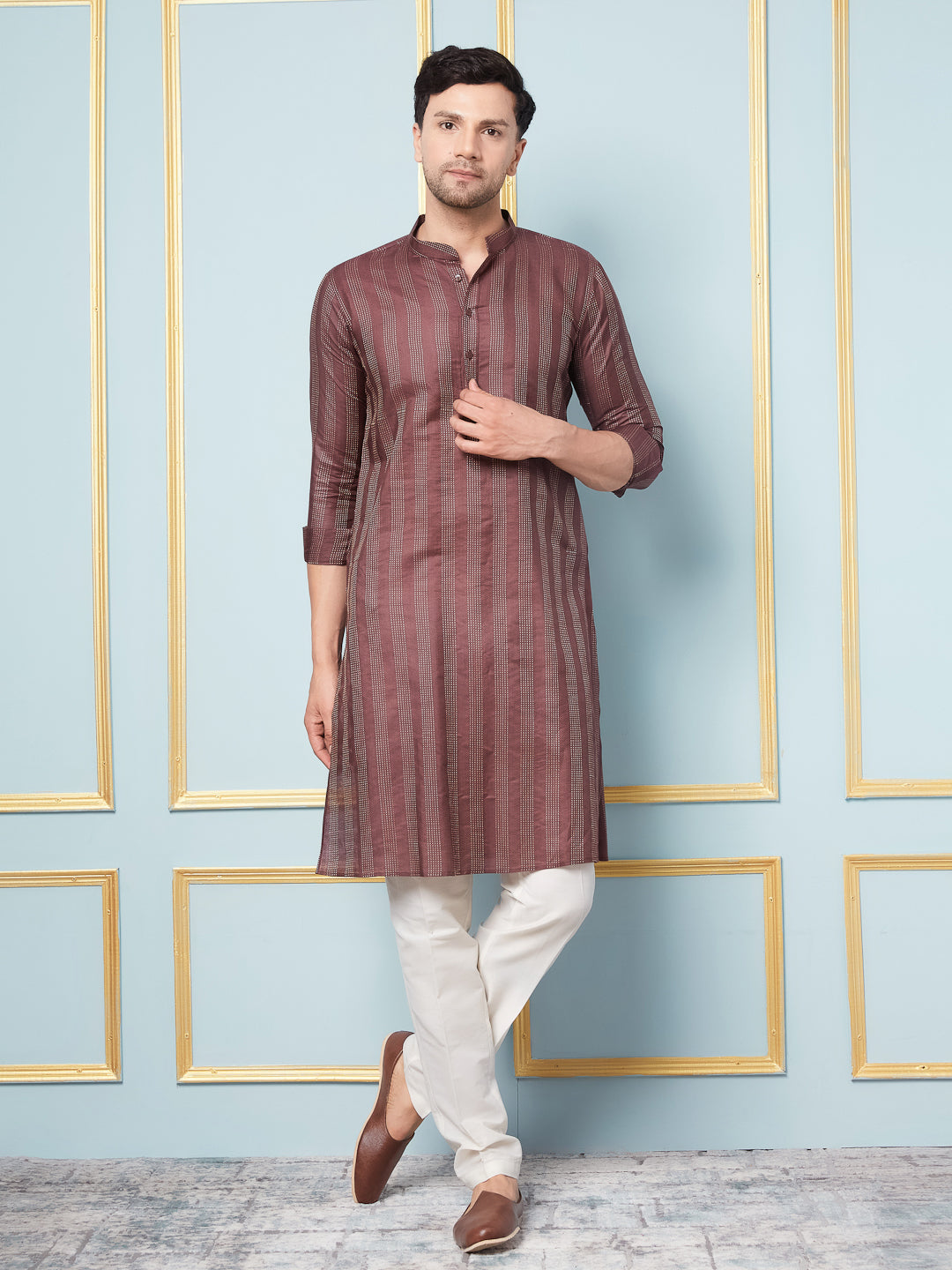 Men Coffee & Gold Woven Design Thread Work Kurta With Pajama