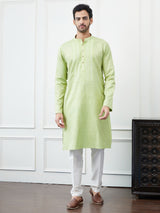 Riwaat.com Men Lime Green & Gold Thread Work Cotton Kurta Riwaat Mehendi Thread Work