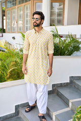 Men Yellow Regular Pure Cotton Pathani Kurta With White Salwar