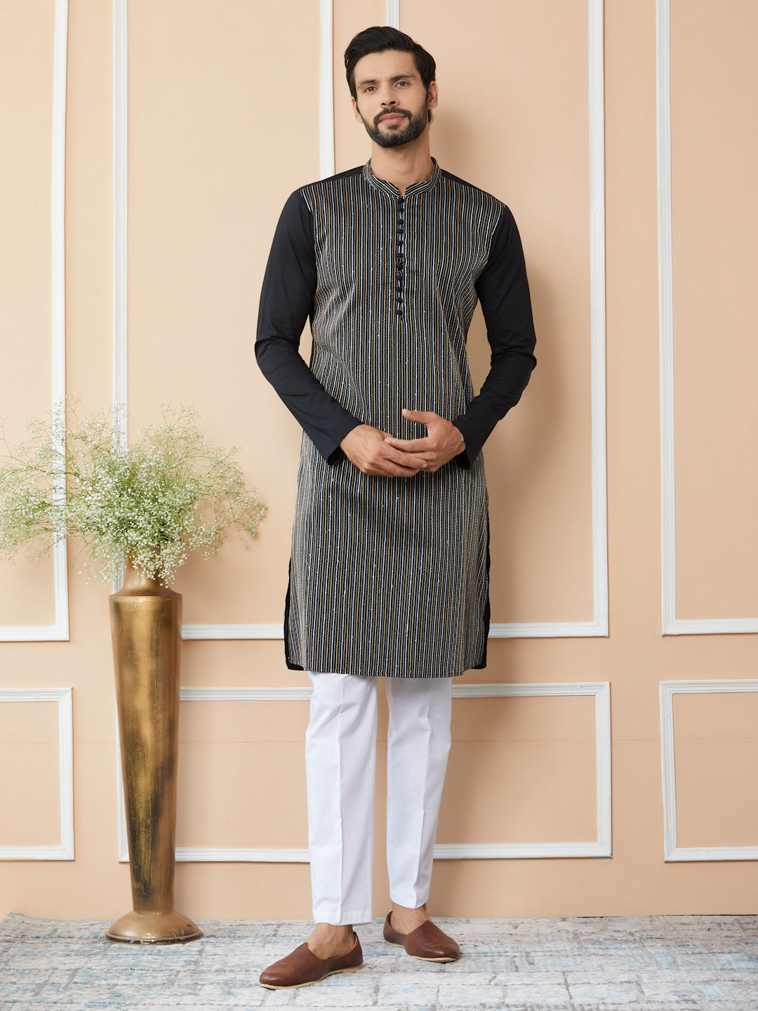 Black Thread & Sequins Worked Pure Cotton Straight Kurta with Pyjama