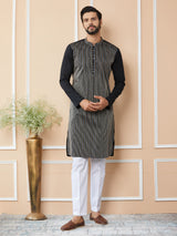 Black Thread & Sequins Worked Pure Cotton Straight Kurta with Pyjama