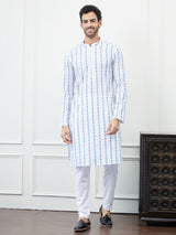 Men White And Blue Chikankari Embroidered Cotton Kurta Set