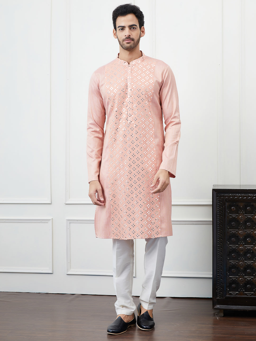 Riwaat.com Men Pink Sequence Mirror Work Cotton Kurta Riwaat Printed Sequin Work