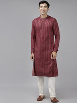 Men Burgundy & Beige Woven Design Thread Work Kurta