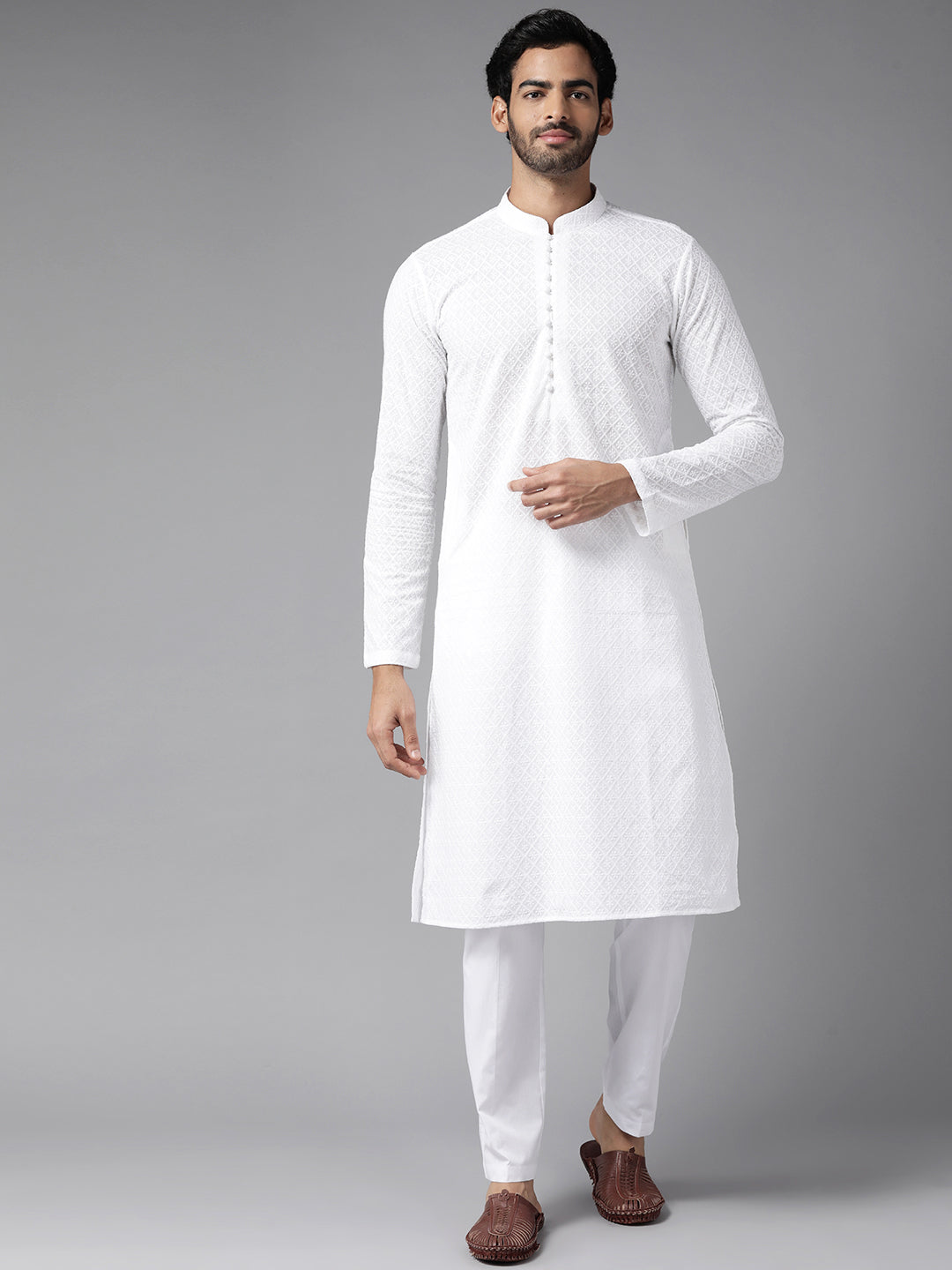 Men Snow White Chikankari Embroidered Straight Kurta With Pajama