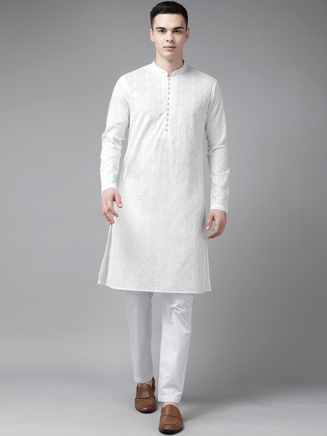 Riwaat.com Men White Pure Cotton Chikankari Embroidered Straight Kurta Riwaat Chikankari Embroidered