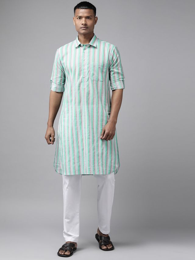 Men Green Regular Pure Cotton Pathani Printed Men's Kurta With White Salwar