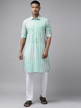 Men Green Regular Pure Cotton Pathani Printed Men's Kurta With White Salwar