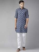 Men Indigo Regular Pure Cotton Pathani Printed Men's Kurta