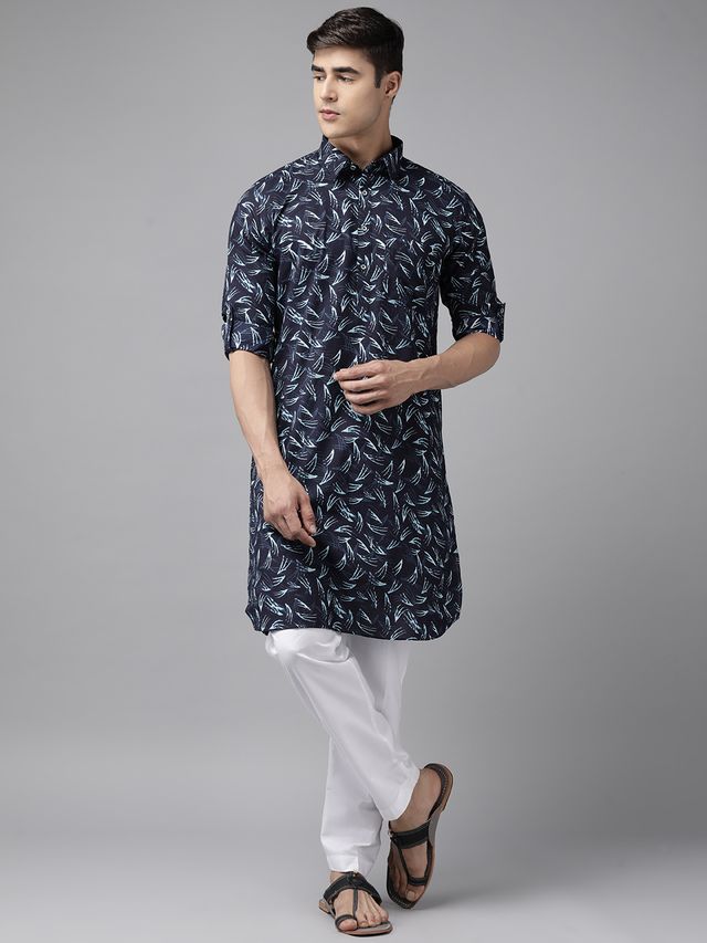Men Indigo Regular Pure Cotton Pathani Printed Men's Kurta