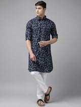 Men Indigo Regular Pure Cotton Pathani Printed Men's Kurta