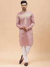 Men Tan & Khaki Silk Woven Design Straight Kurta With pyjama