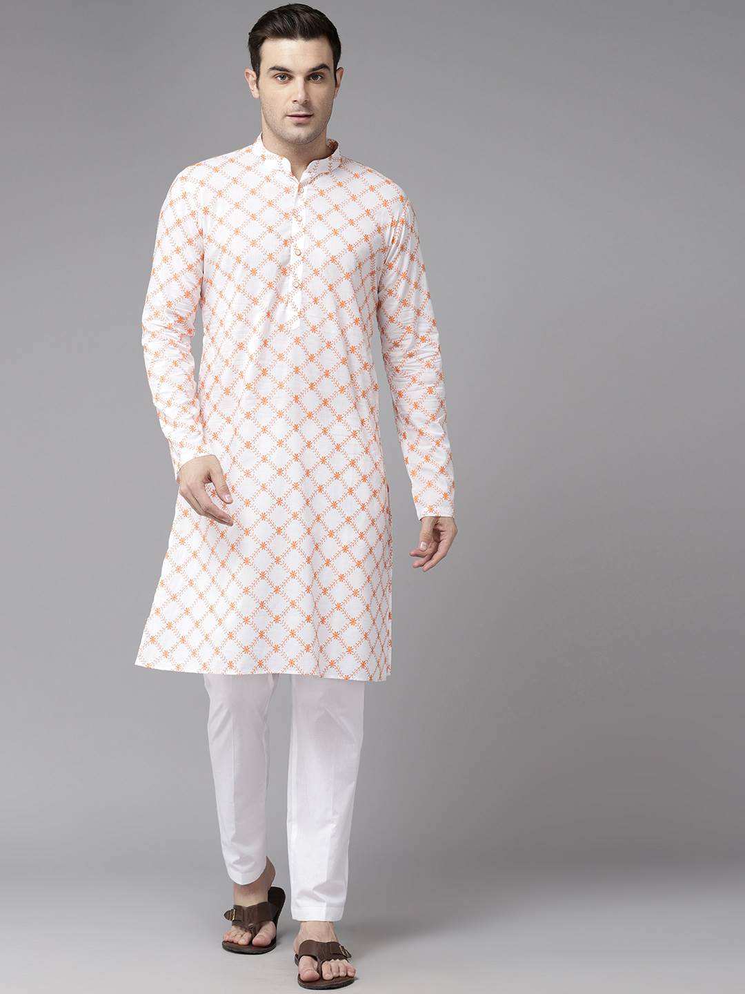 Men White with Orange Floral Pattern Pure Cotton Embroidered Straight Kurta With Pajama