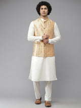 Riwaat.com Men White Solid Kurta Pajama With Elegant Golden Enigma Nehru jacket Riwaat Indo Western