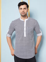 Men Navy Blue & White Printed Cotton Short Kurta