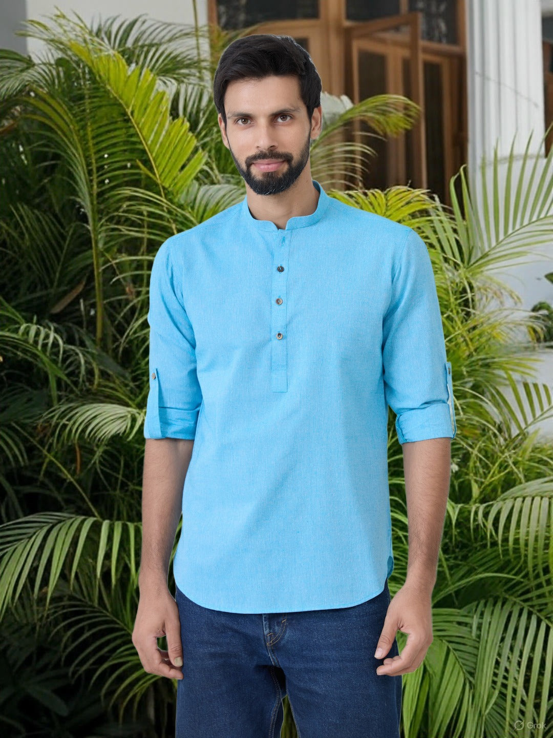 Men Pack Of 2 Turquoise Blue & Brown Cotton Solid Short Kurta