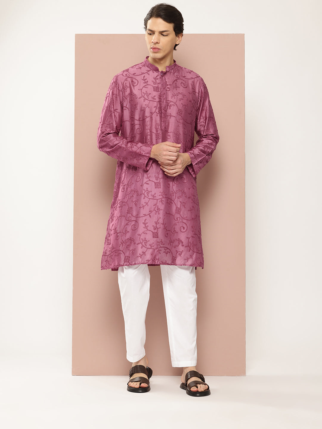 Men Magenta Embroidered Thread Work Chanderi Silk Straight Kurta