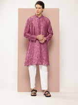 Men Magenta Embroidered Thread Work Chanderi Silk Straight Kurta