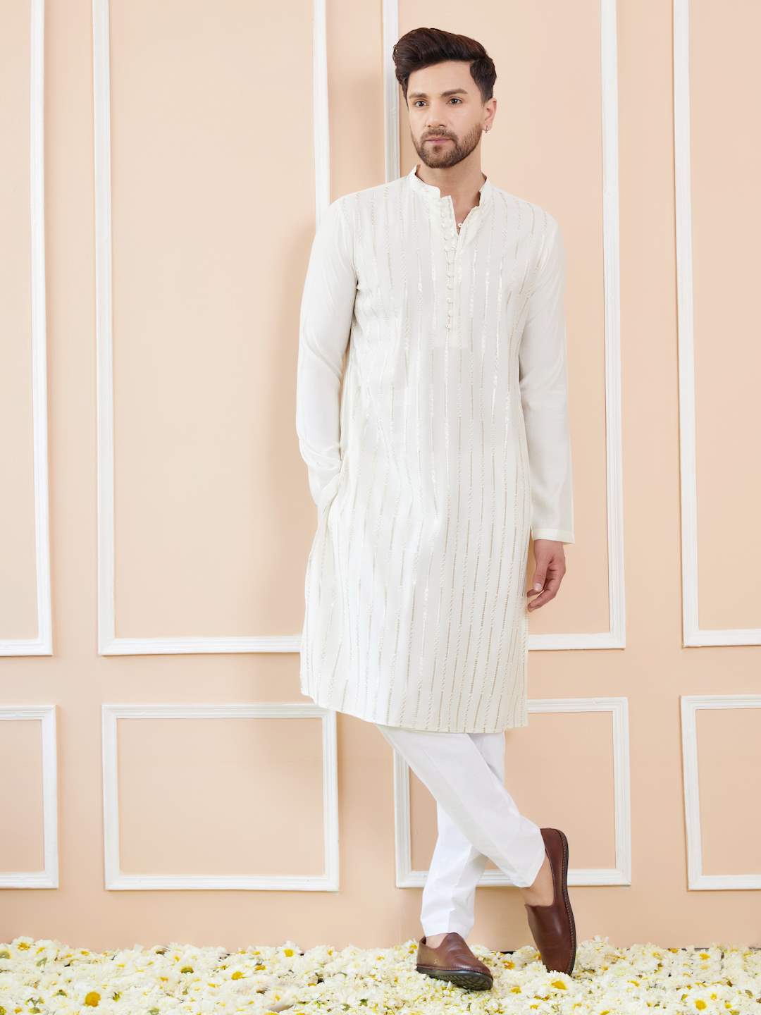 Men Pearl White with Golden Stripes Chanderi Silk Sequins Kurta With Pajama