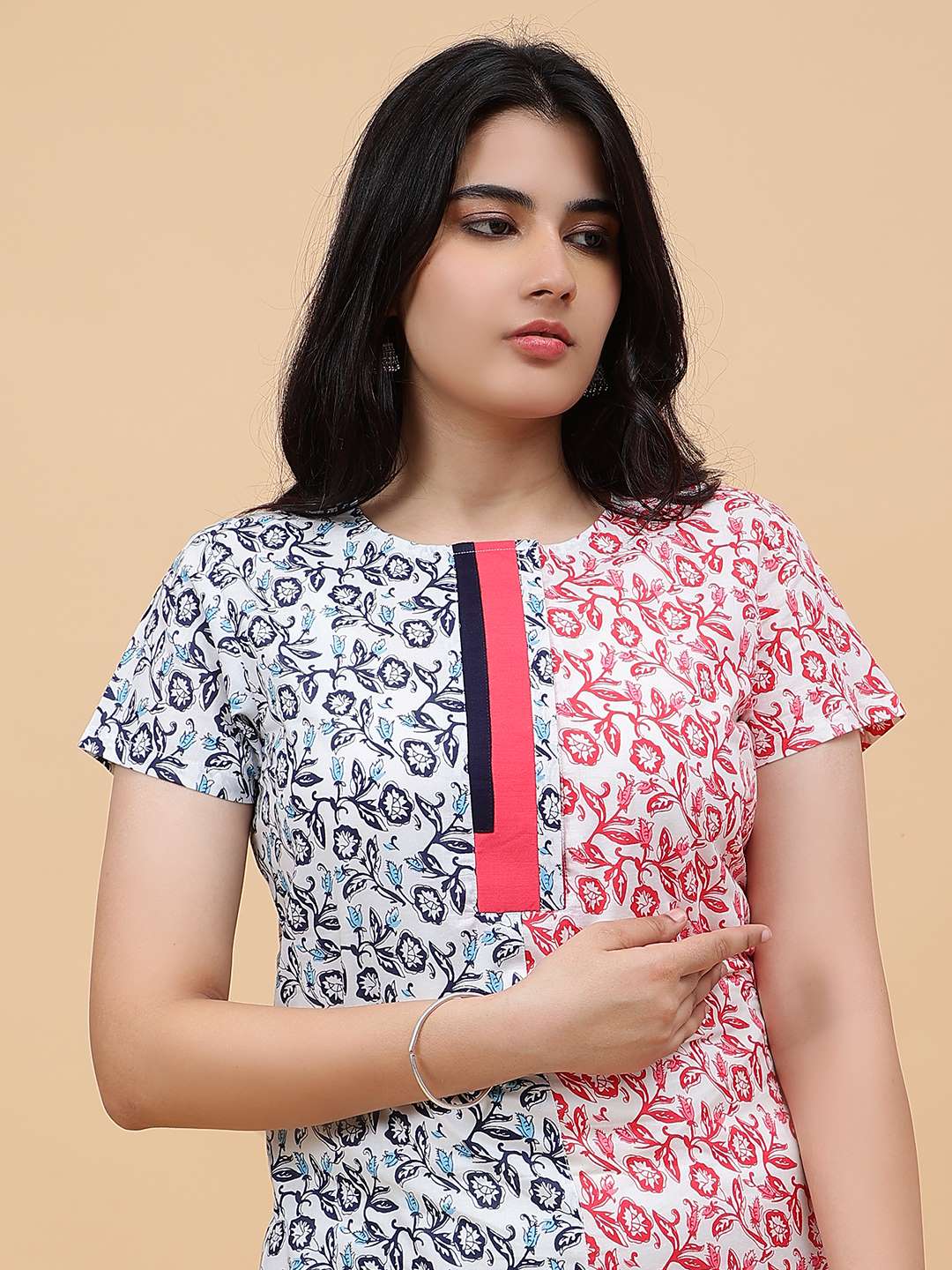 Women White with Navy Blue and Red Floral Pattern Printed Yoke Design Cotton Kurti