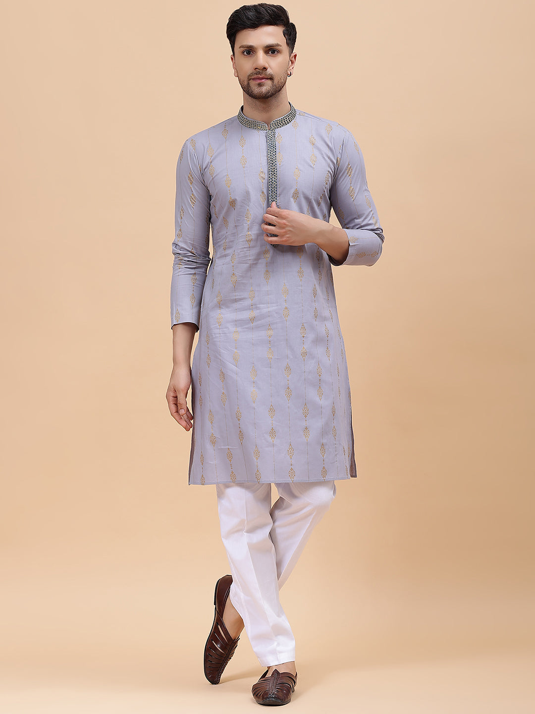 Men Grey & Gold Pure Cotton Embroidered Straight Kurta With pyjama