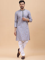 Men Grey & Gold Pure Cotton Embroidered Straight Kurta With pyjama