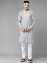 Men Grey Zari Work Silk Woven Design Straight Kurta With Pajama