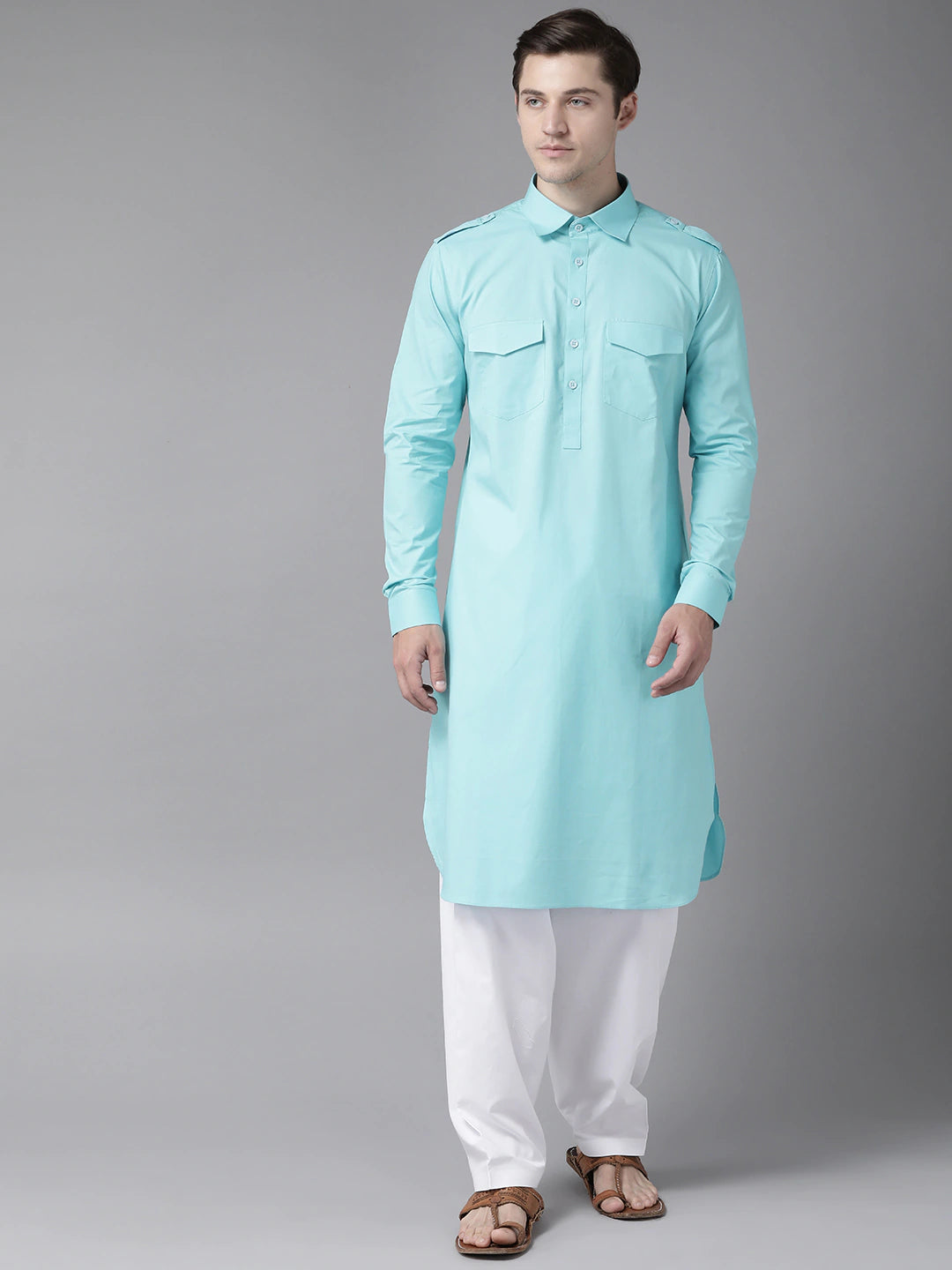 Riwaat.com Men Turquoise Pathani Kurta with Salwar Riwaat Pathani Plain