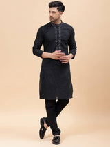 Men Black & Silver Silk Woven Design Straight Kurta