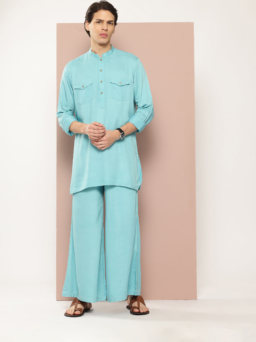 Men Turquoise Rayon Solid Pathani Sets