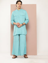 Men Turquoise Rayon Solid Pathani Sets