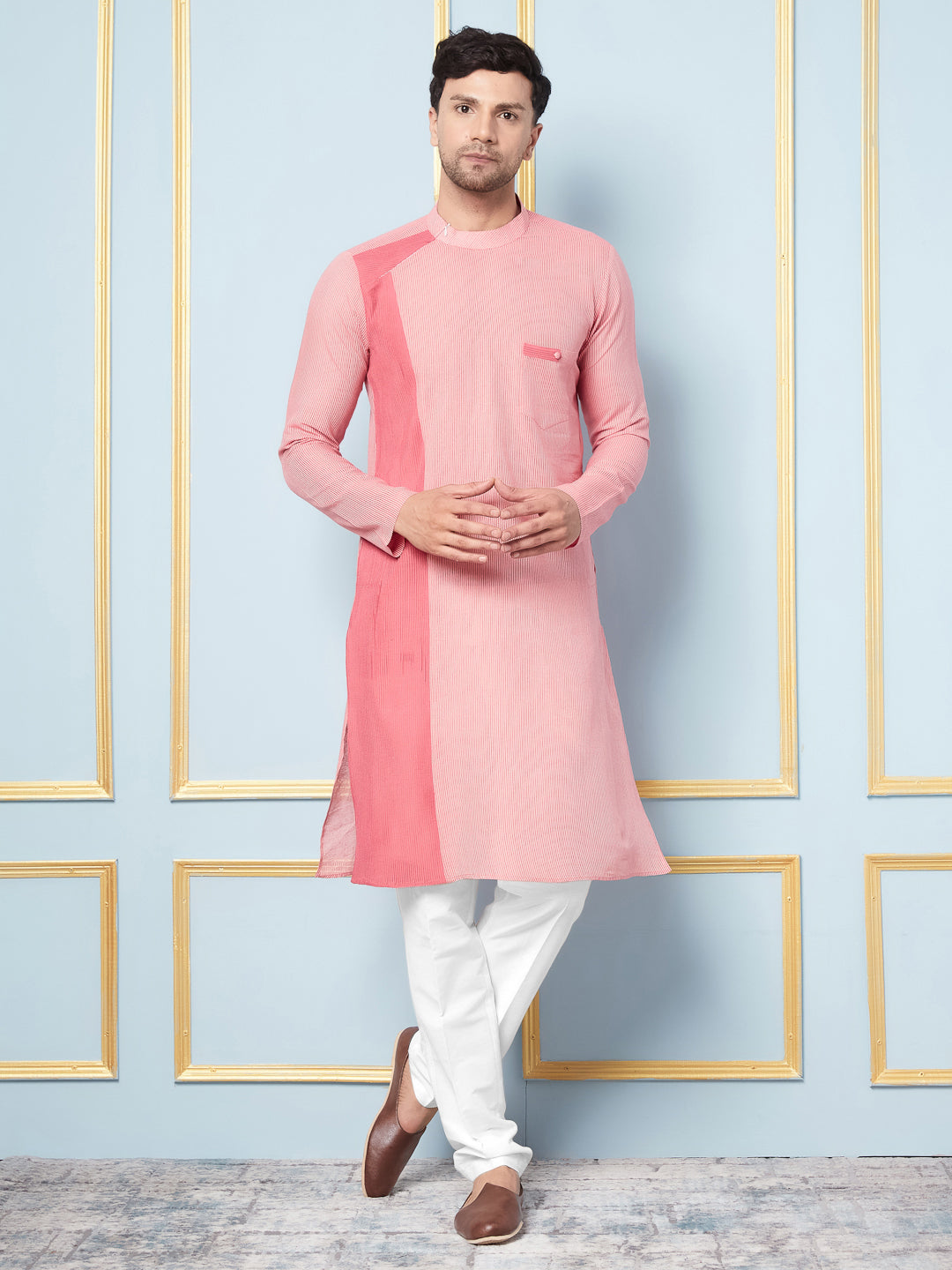 Men Coral and Pink Weaving Design Kurta With pyjama