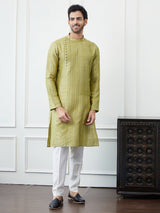 Riwaat.com Men Olive Thread Work Cotton Kurta Riwaat Mehendi Thread Work