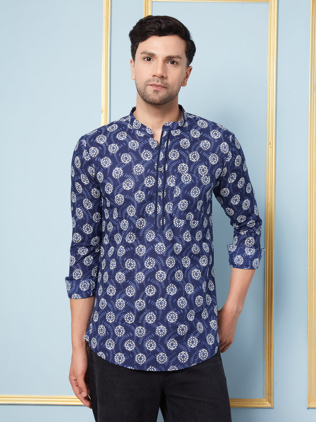 Men Blue White Indigo Printed Cotton Short Kurta