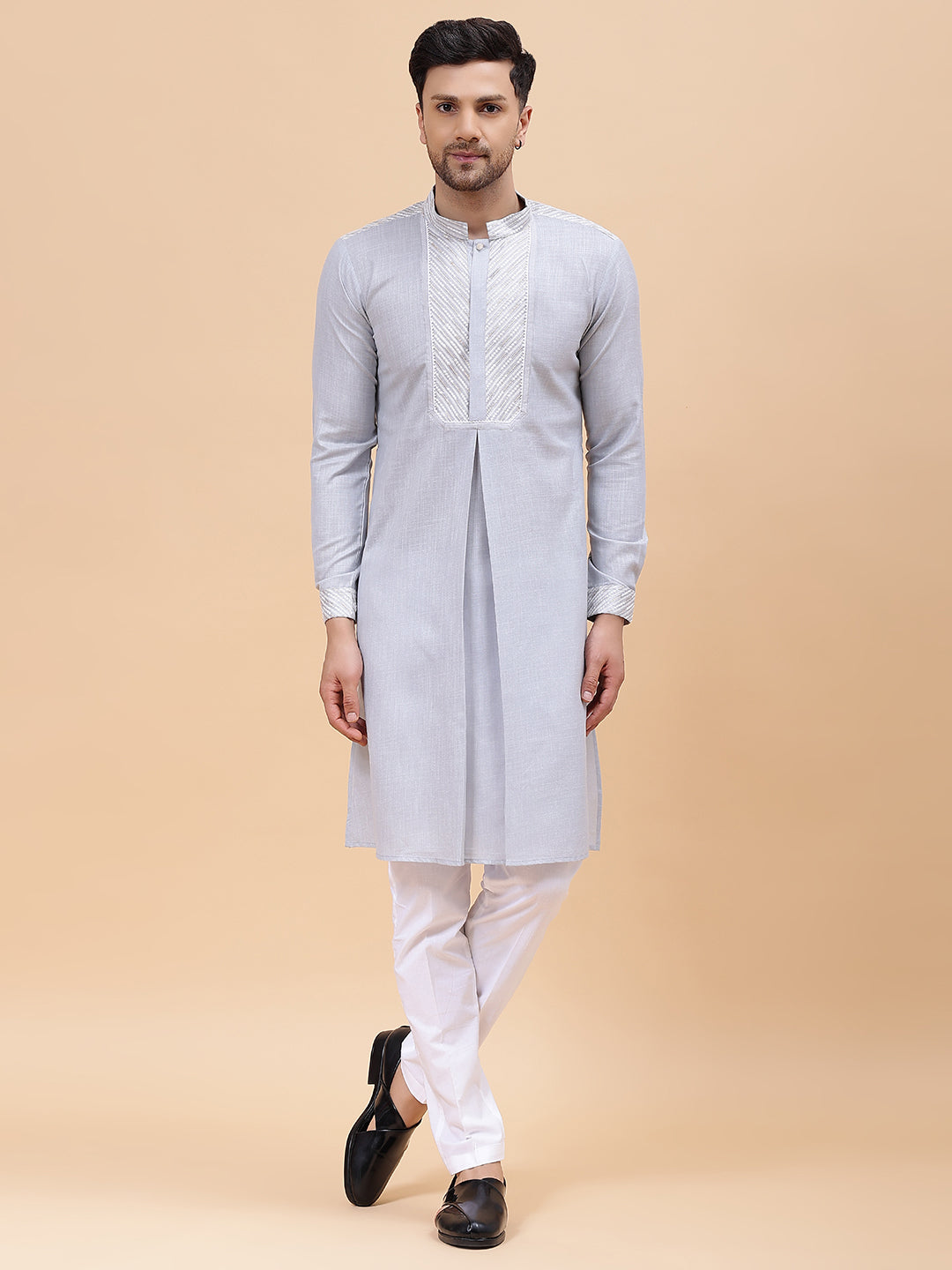 Men Grey Zari Work Silk Woven Design Straight Kurta With pyjama