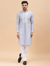 Men Grey Zari Work Silk Woven Design Straight Kurta With pyjama