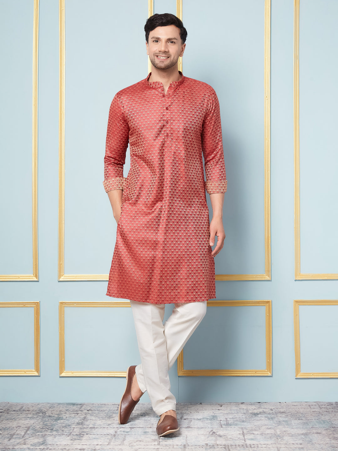 Riwaat.com Men Red & Gold Woven Design Thread Work Kurta Riwaat Woven Design