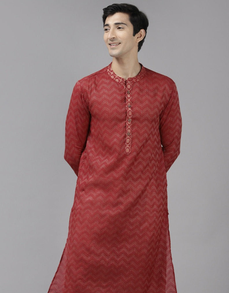 Men Maroon & Beige Wave Woven Design Thread Work Kurta