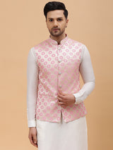 Men Gold & Pink Woven Design Jacquard Nehru Jacket