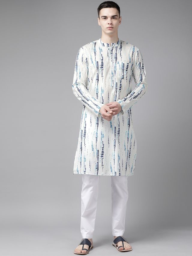 Men White Multi Tie and dye Print Design Straight Kurta With Pyjama
