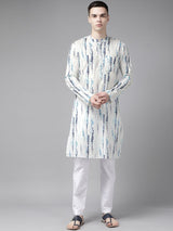 Men White Multi Tie and dye Print Design Straight Kurta With Pyjama