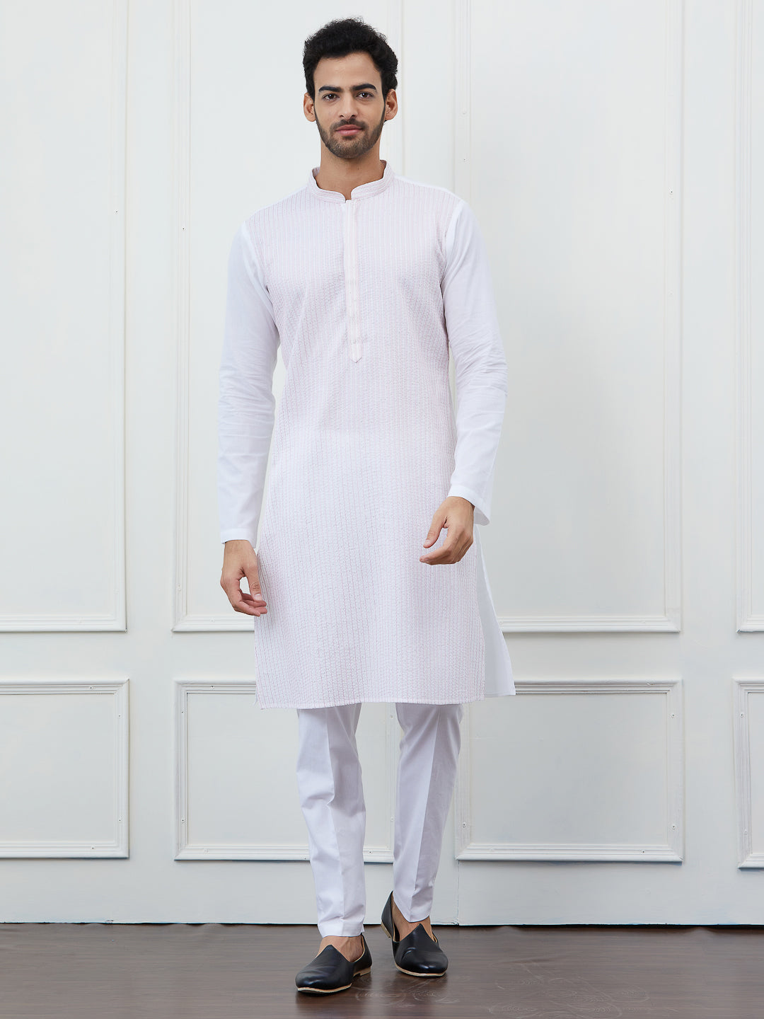 Men White Cotton Pink Thread Work & Sequinses Kurta With Pyjama