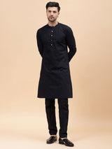 Men Black Pure Cotton Embroidered Straight Kurta