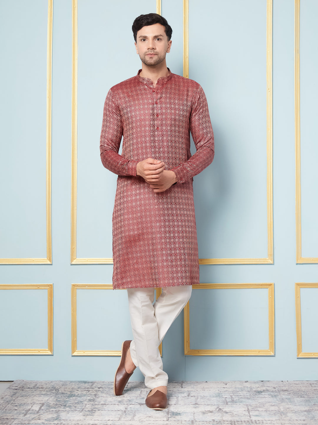 Men Burgundy & Gold Woven Design Thread Work Kurta With pyjama