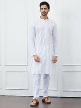 Men White Cotton Gold Thread Work Kurta With Pyjama
