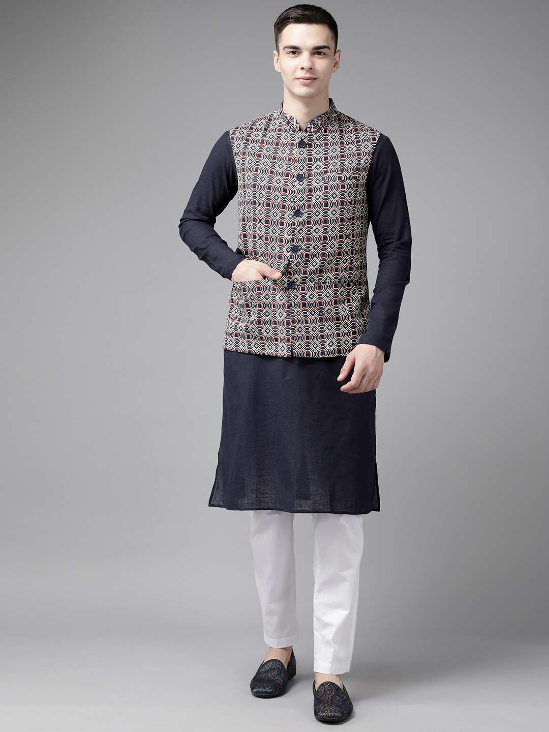 Men Blue & Maroon Printed Pure Cotton Kurta Pajama With Nehru Jacket