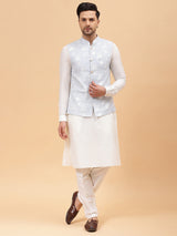 Riwaat.com Men Off White Kurta Pajama & Sky Blue Woven Design Jacquard Nehru jacket Riwaat Indo Western