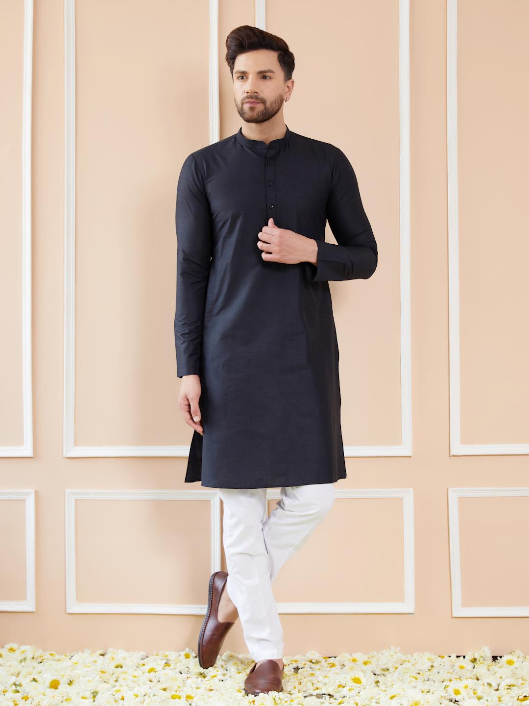 Men Midnight Black Cotton Solid Straight Kurta With Pajama