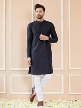 Men Midnight Black Cotton Solid Straight Kurta With Pajama