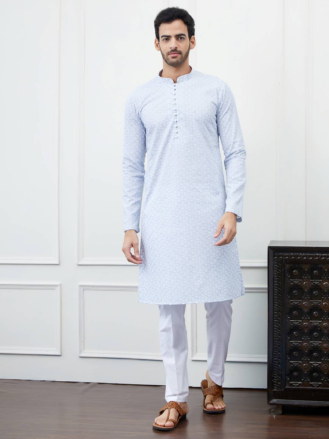 Men Light Blue with White Swirl Pattern Chikankari Embroidered Cotton Kurta Set